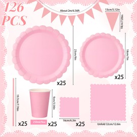 saerryor 126PCS Baby Pink Party Tableware Set, Disposable Pink Plates, Cups, Straws & Napkins with Bunting Banner - Party Decorations Supplies for Birthday Baby Shower Wedding Graduation