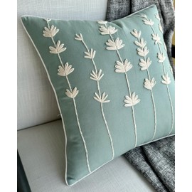 VAGMINE Hand Embroidered Daisy Accent Throw Pillow Cover - 18x18 Inches Square - 100% Cotton Light Teal Decorative Cushion Cover for Couch, Sofa, Bed - Textured Embroidery - Elegant Floral Home Décor