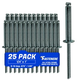 Fastenere Pop Rivets - 1/4" x 1" (25 pcs) Heavy Duty, Open-End, Low Carbon Steel, Dome-Head Blind Rivets, Corrosion-Resistant & High Shear Strength, 8-16 Gap 0.876"-1.00"