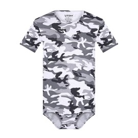 Landofgenie Short Sleeve Bodysuit One Piece Pajamas Camouflage Onesie Adult Button Crotch Romper for Men - Camo Light Grey L