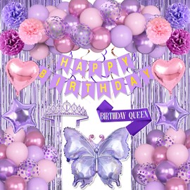 Ouddy Life Purple Pink Birthday Party Decorations for Women Girls, Butterfly Heart Foil Confetti Balloons Happy Birthday Banner Fringe Curtains Hanging Swirls Sash Crown Paper Poms Decor