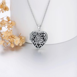 enjoylifecreative Rose Flower Locket Necklace That Holds Pictures 925 Sterling Silver Vintage Flower Heart Photo Locket Necklace Rose Pendant Jewellery Gifts for Women