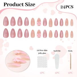 LunarCharm 24 pieces Pink press-on nails, medium bow, artificial fingernails, full coverage, almond-shaped, cute artificial nails for women and girls