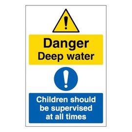 V Safety Danger Deep Water Children Should Be Supervised At All Times - Portrait 200 x 300mm - 2mm Rigid Plastic Safety Sign
