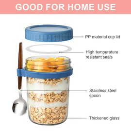 BLLREMIPSUR Mason Jars for Overnight Oats, 2 Pack 350ml Overnight Oats Jar with Spoons & Airtight Stainless Steel Lids - Food-Safe Glass Breakfast Pots for Yogurt Pudding
