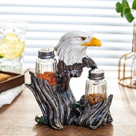 American Flag Bald Eagle Salt And Pepper Set with Holder for Kitchen - Resin Eagle Figurine Dispenser with Glass Spice Jars - Salt Shakers for Kitchen