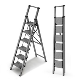 WOA WOA 6 Step Ladder for 12 Feet High Ceiling, Lightweight Foldable Ladder with Non-Slip Wide Pedals, Stepladder with Safe Handrail, Space Saving for Home, Kitchen, Indoor & Outdoor 300lbs - Black