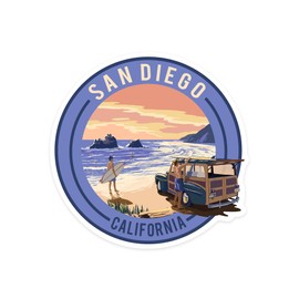 Die Cut Sticker San Diego, California, Woody on Beach, Contour Vinyl Sticker 1 to 3 inches (Waterproof Decal for Cars, Water Bottles, Laptops, Coolers), Small