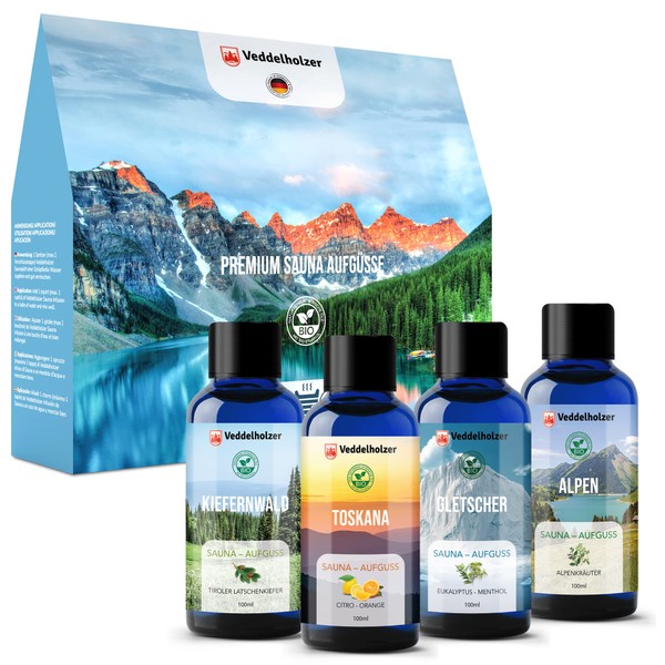 Veddelholzer Set regalo per sauna biologico, 4 x 100 ml, diversi oli per sauna, infusione come accessorio per sauna, tutto in un set per sauna, composto da oli essenziali al 100% naturali
