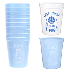XIHIRCD 12pcs Last Toast On The Coast Bachlorette Cups, Plastic Reusable Cups for Coastal Themed Beach Bachelorette Bridal Showers Weddings Party Decorations Favors Supplies Gifts (White+Blue)