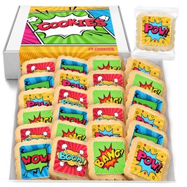 Superhero Cookies 24 Pack | Bulk Party Favors Birthday Party | Pow Boom Bang Wow