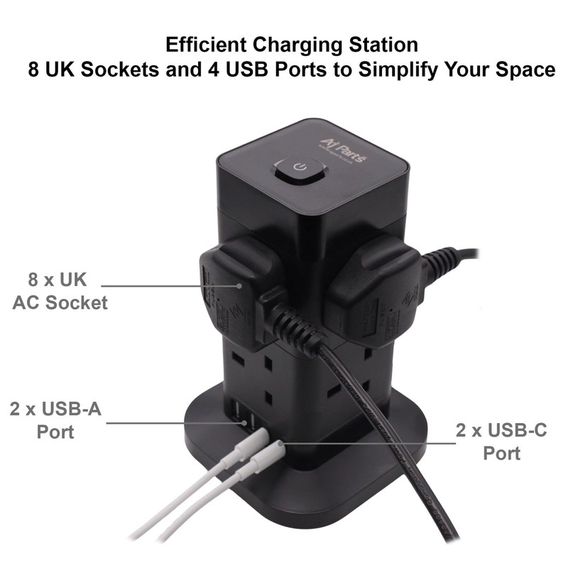 AJP Tower Extension Lead with USB Slots 8 Way Plug