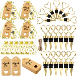 24 Set Heart Shaped Wine Beverage Bottle Stopper Party Favors Bulk Love Design for Guests with Sheer Bags, Labels and Rope for Valentines Gifts Wedding Engagement Bridal Shower Supplies, Gold