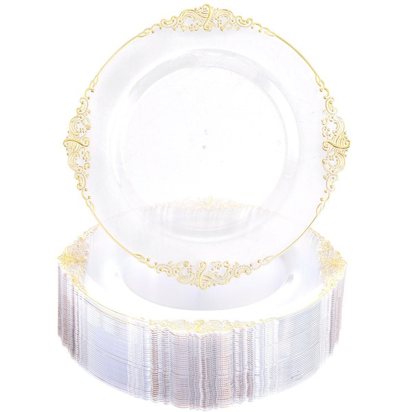Morejoy 100 Pieces Gold Plastic Plates - Clear Gold Disposable