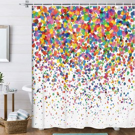 Colorful Shower Curtain, Geometric Confetti Falling Colorful Rainbow Polka Dot Shower Curtain for Bathroom, Wedding Festival Party Decor Bath Curtains, Kids Bathroom Accessories 12PCS Hooks, 70X70IN