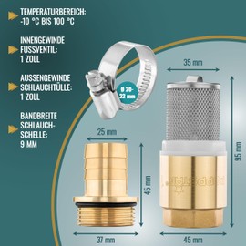 Poppstar Suction Filter Set, Foot Valve with Check Valve 1 Inch Made of Brass, Suction Basket Made of Stainless Steel, Nozzle and Hose Clamp
