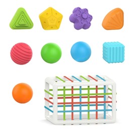 12 Coloridos Juguetes Sensoriales de Formas, 1 Clasificador de Formas con Banda Elástica, Cubo Clasificador de Formas para Niños, Juguetes Colorido Sensoriales Montessori para Niños y Niñas (18cm)