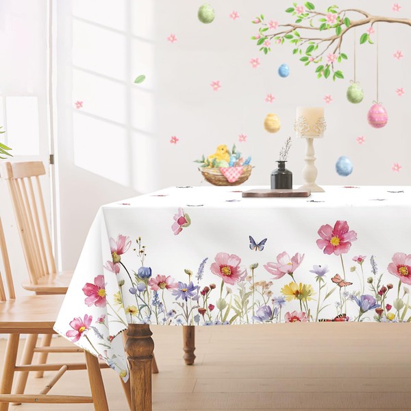 DISENB Spring Floral Tablecloth 60 x 120 Inch, Butterfly Wildflowers