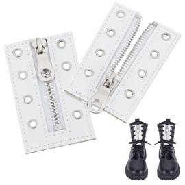 AHANDMAKER 2Pcs No Tie Leather Boot Zipper Inserts 4 Eyelets Zipper Boot Laces White Metal Inserts 3.5 x 2.1 Inch No Tie Shoe Laces for Men Women Crochet Purse Making Tieless Sneakers Repair DIY