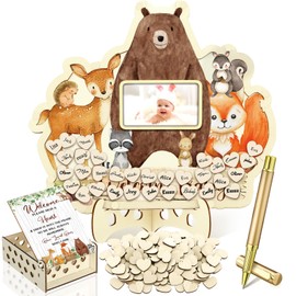 Wenqik 63 Pcs Baby Shower Guest Book Alternatives Set Baby Shower Decorations with Photo Frame Sonogram Frame Keepsake 60 Wood Slices Guest Book for Birthday(Woodland Animal)