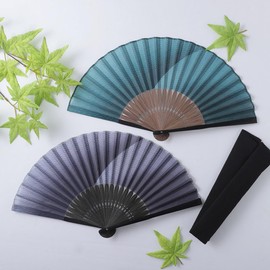 Osaka Choseido Folding Fan, Men's, Stylish, Business, Fan Bag, Handkerchief Included, Seigaiwave Gradation, blue green