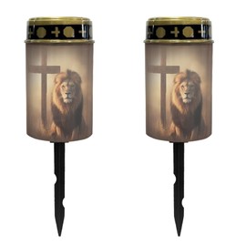 Merkmak 2 Pack Cemetery Solar Lights Decorative Pathway Lights Solar Powered Flameless Candle for Grave Lion Cross Eternal Lamp for Remembrance Gifts