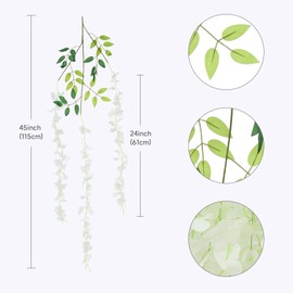 12 Pack Wisteria Hanging Flowers, 45 in /3.7ft Artificial Vine Hanging Flowers for Decoration, Fake Long Rattan Hanging Garland Silk Flowers String for Wedding, Garden, Bedroom, Home Decor - White