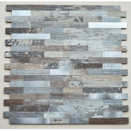 Decopus Metal Mosaic Tile Backsplash for Easy DIY Decoration -LNG Oblong 5pack - Vintage Wood Mix Silver - Peel and Stick for Backsplash of Fireplace, Kitchen, Bathroom, Camper, Stairway, Cabinet