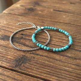 Sunongxin Hematite Bracelet, Stainless Steel Box Chain & Turquoise Beaded Bracelet Set, Adjustable Boho Western Beach Summer Jewelry for Men