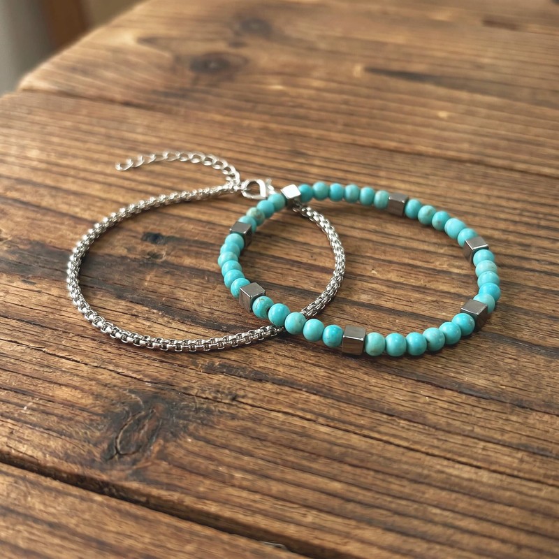 Sunongxin Hematite Bracelet, Stainless Steel Box Chain & Turquoise Beaded