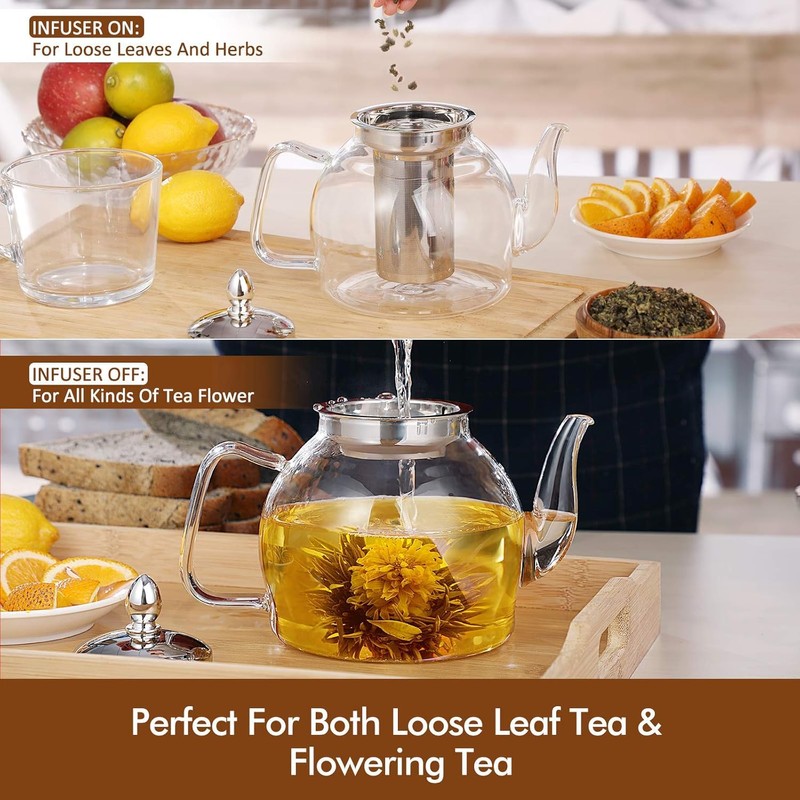 HIWARE 1500ml Glass Teapot with Removable Infuser, Stovetop Safe Tea