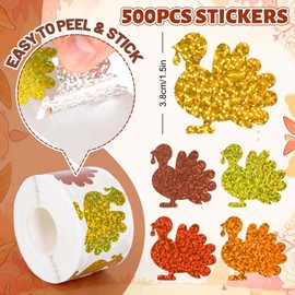 Whaline Fall Thanksgiving Stickers Laser Turkey Waterproof Decals 5 Colors Self-Adhesive Sparkly Stickers for Fall Autumn Party Supplies Envelope Scrapbook Decor, 500Pcs
