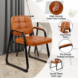 CLATINA Reception Waiting Room Chair No Wheels, Leather Guest Chair with Padded Arms and Sled Base, Computer Desk Chair for Office, Home, Break Conference Lobby, School, Orange