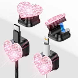 Mifoneix Bling Cord Organizer Holder,Heart Shape Magnetic Cable Clips with Strong Adhesive，Desk Cable Holder & Phone Charging Cords Wire Management for Home,Office,Car,Nightstand (Pink 4 Pack)
