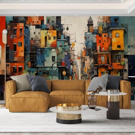 Modern City Wall Murals Peel and Stick 148" W x 98" H Colorful Wallpaper Removable 3D Graffiti Wall Paintings People Building Abstract Wall Decor for Bedroom Bathroom Office