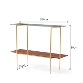 AGV 202401 2-Tier Glass Wood Console Table, Mid-Century Modern Style, Perfect for Living Room, Entryway, Foyer, D41×H31.5, Clear Glass Top & Walnut Wood Top & Gold Finish Metal Frame