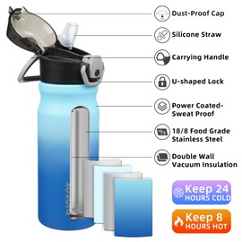 BJPKPK Water Bottle with Straw 18oz Insulated Water Bottles Reusable Stainless Steel Metal Thermal Flask with Leak Proof Lockable Lid and Carry Handle,Sky