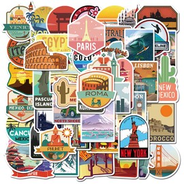 50Pcs Travel City Stickers Water Bottles Laptop Phone Computer Guitar Skateboard Hydroflasks Travel Map Stickers Waterproof Vinyl Sticker Aesthetic Trendy Decals for Teens Girls Adults