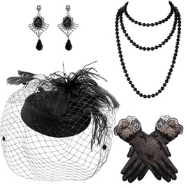 Black 4 Pieces 50s Fascinators Hat for Women,Wedding Veil Hat Cocktail Tea Party Hat and Lace Glove Pearl Necklace Earrings