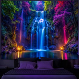 Simpkeely Blacklight Waterfall Tapestry - UV Reactive Glow in the Dark Neon Forest Wall Hanging, Vibrant Nature Landscape Wonderland for Bedroom, Living Room Decor - 180 x 230cm