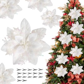 Childom 16 PCS Poinsettia Flower Artificial Poinsettia,Christmas Decorations,White Glitter Poinsettias Christmas Ornaments,Xmas Tree Flower Decoration with Clips,DIY Wreath Holiday Home Party Decor