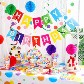 Zhehao 129 Pcs Happy Birthday Party Supplies Set with Plates Napkins Cups Cutlery Rainbow Dot Birthday Decorations Kit Banner Tablecloth Hanging Honeycomb Balls Garland for Birthday Party Serves 16