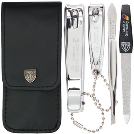 DREI SCHWERTER Germany Manicure Set 'Bari' 4-Piece Artificial Leather in Black, Contents: Tweezers, Sapphire Nail File, Fingernail Clippers, Toenail Clippers, Perfect for the Handbag