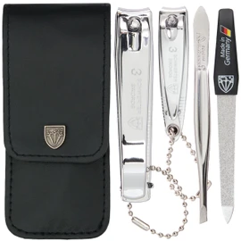 DREI SCHWERTER Germany Manicure Set 'Bari' 4-Piece Artificial Leather in Black, Contents: Tweezers, Sapphire Nail File, Fingernail Clippers, Toenail Clippers, Perfect for the Handbag