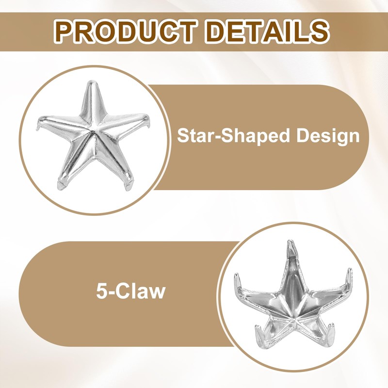 sourcing map 50Pcs Metal Star Studs Claw, 10mm 5-Claw Punk