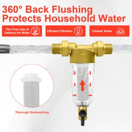 Heliwoo Spin Down Sediment Filter, Inline Water Filter for Home Well Water, 40/100/200 Micron Whole House Prefilter Filtration System, 1" MNPT + 3/4" FNPT + 3/4"MNPT, Lead-Free Brass