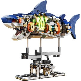 Mechanical Shark Building Set with LED Light, 687 PCS Movable Ocean Animal with Display Stand, Sea Fish Building Block Toy for Ages 12+