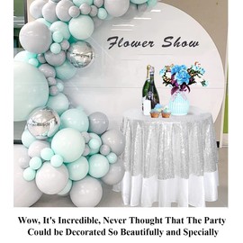 Partisout Round Tablecloth 48 Inch - Silver Sequin Vinyl Glitter Table Cover for Outdoor, Indoor, Picnic, Party, and Events - Waterproof Plastic Tablecloth for Dining, Wedding, and Holiday Decor