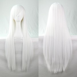 FALAMKA White Wig Weiß Perücke Lang Mit Pony Cosplay Kostüm Unisex Gerade Perücke Karneval