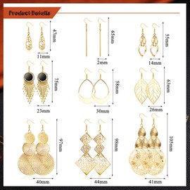Sanfenly 9 Pairs Drop Dangle Earrings Stainless Steel for Women Girls Boho Vintage Silver/Gold Tassel Drop Earrings Set Hypoallergenic Leaf Long Bar Earrings Fashion Jewellery